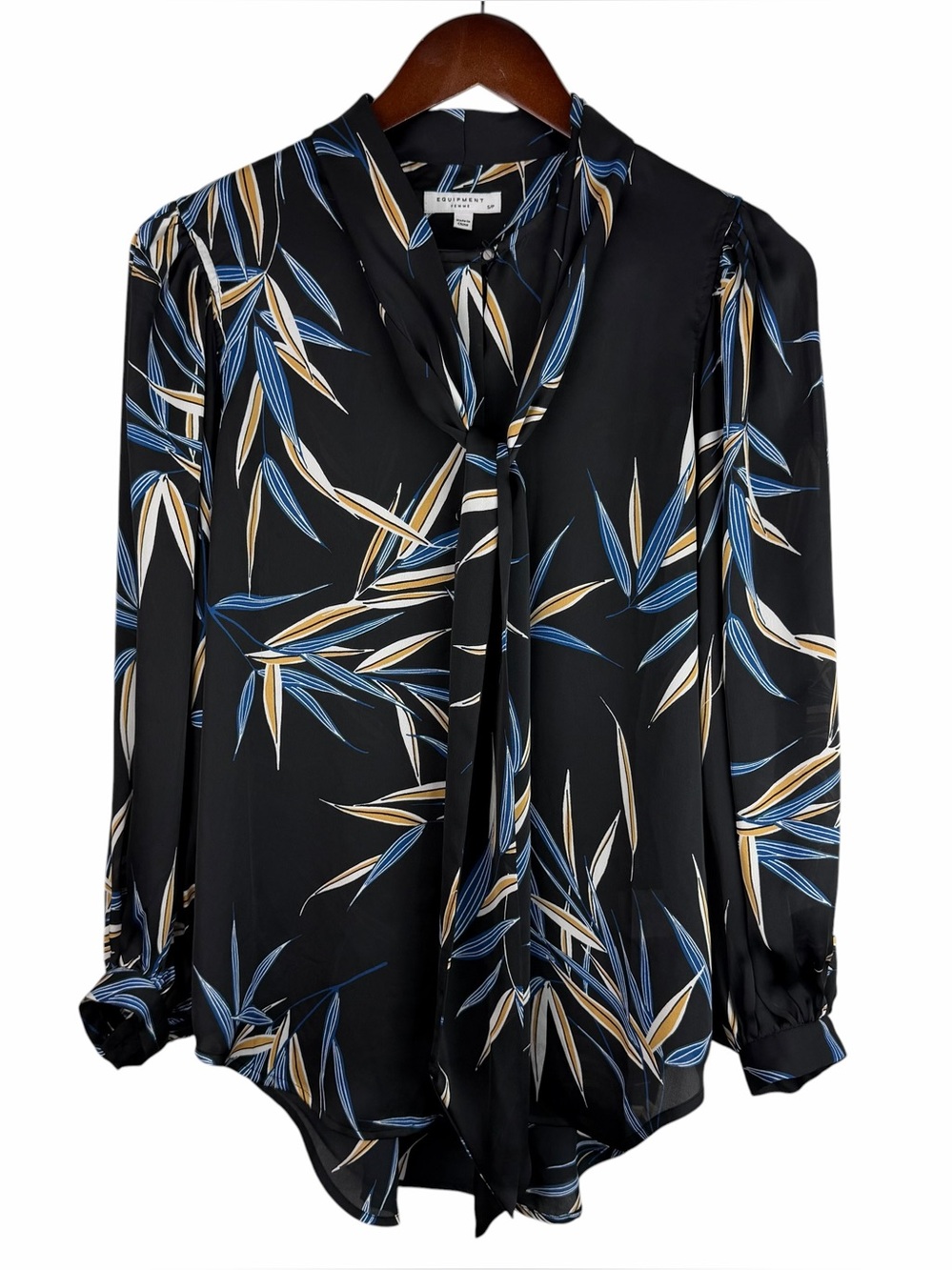 Equipment | Black Tropical Print Button Tie Neck Blouse